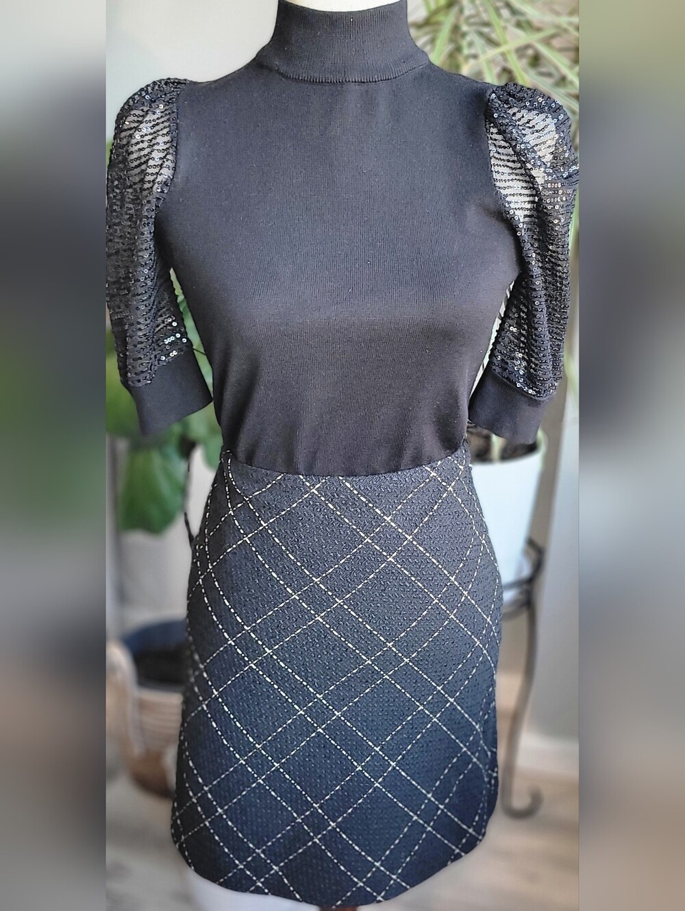 Vince Camuto Textured Tweed Pencil Skirt Black Ivory Size 6